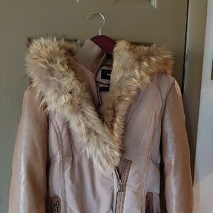 RUDSAK Women's Leather Jacket with Faux Fur Hood - Tan